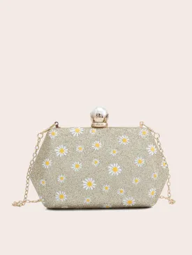 Floral Graphic Glitter Chain Clutch Bag