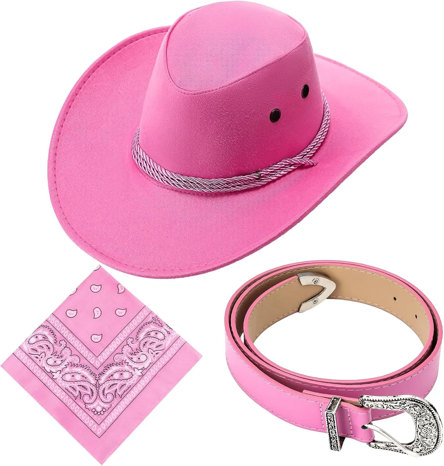 Haysandy Men Cowboy Costume Hat with Bandana Belts Cowboy Cowgirl Hat Wide Cowgirl Brim Costume Accessories