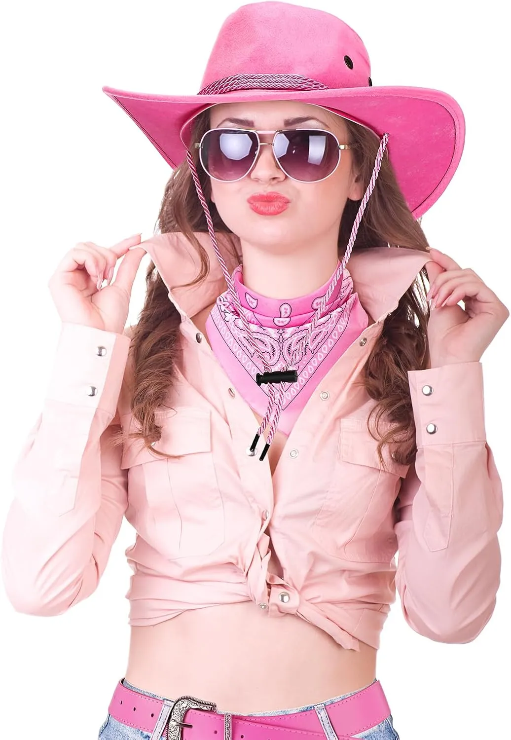 Haysandy Men Cowboy Costume Hat with Bandana Belts Cowboy Cowgirl Hat Wide Cowgirl Brim Costume Accessories