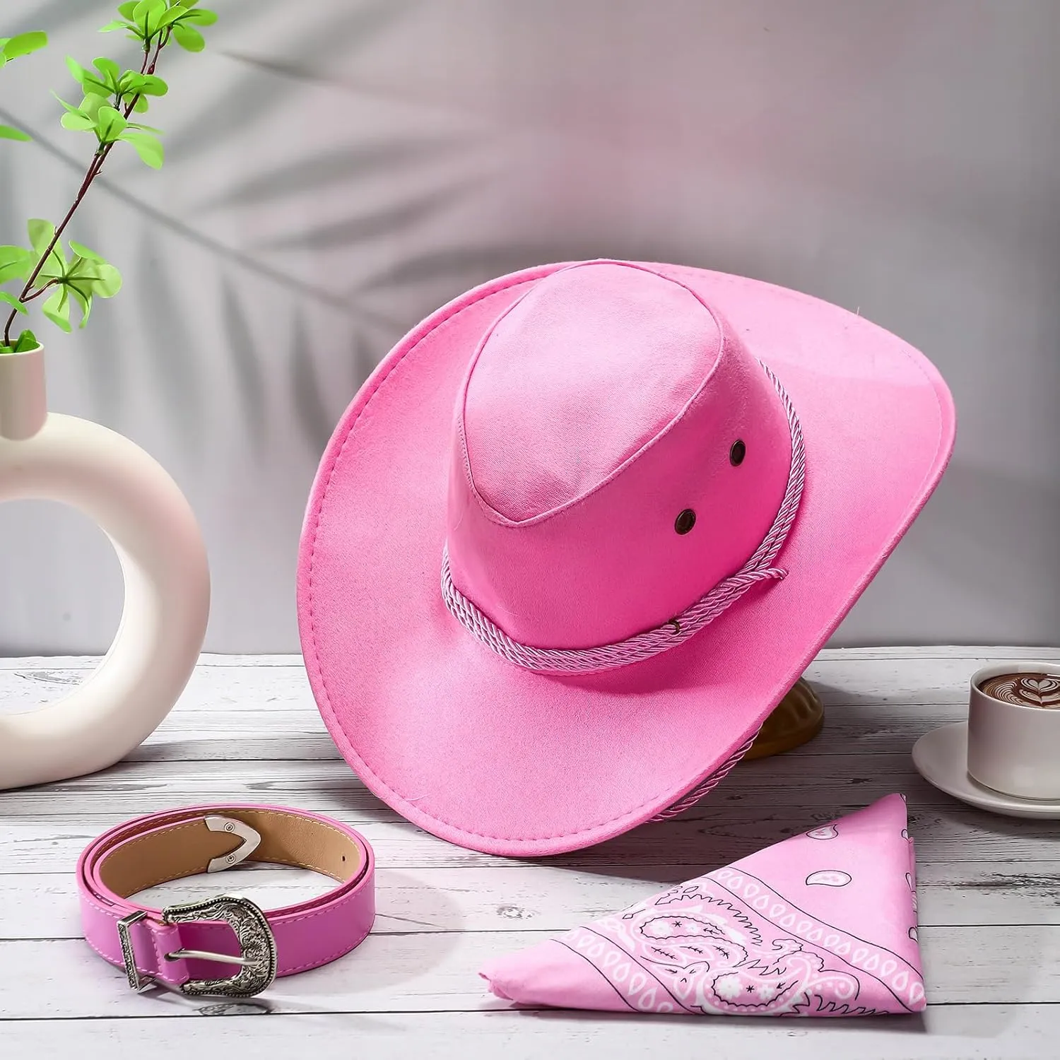 Haysandy Men Cowboy Costume Hat with Bandana Belts Cowboy Cowgirl Hat Wide Cowgirl Brim Costume Accessories