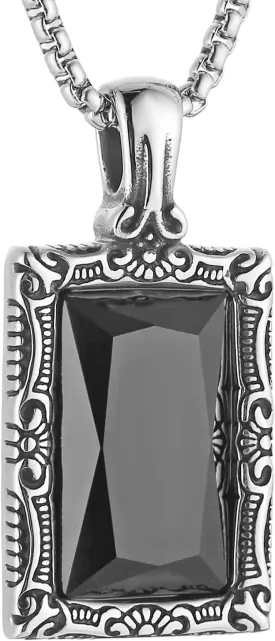 HZMAN Black Obsidian Necklace for Men Women Stainless Steel Retro Square Natural Gemstone Relieve Anxiety Pendant Necklace Jewelry Gift