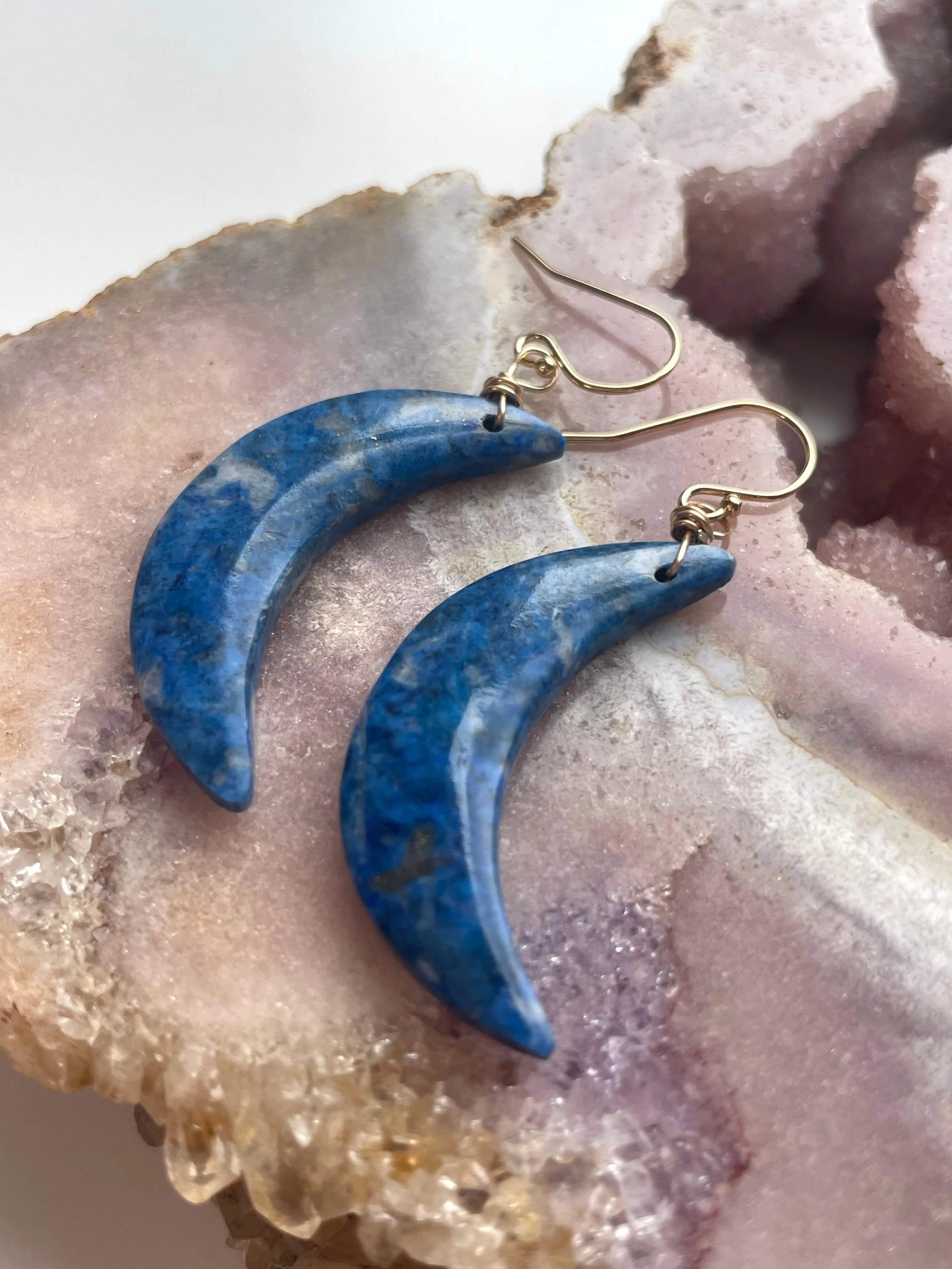 Lapis Lazuli Statement Moon Earrings Gold Fill