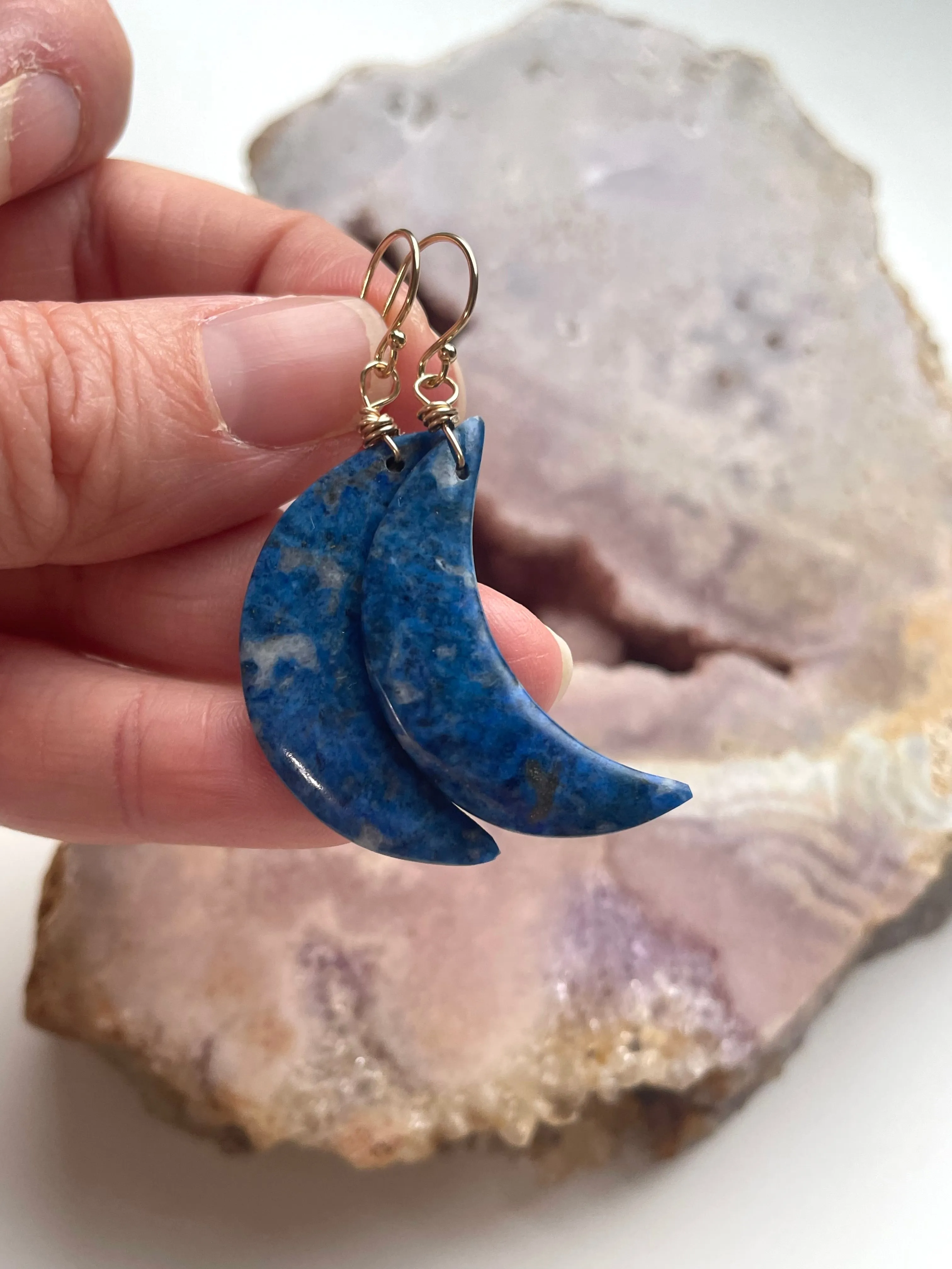 Lapis Lazuli Statement Moon Earrings Gold Fill