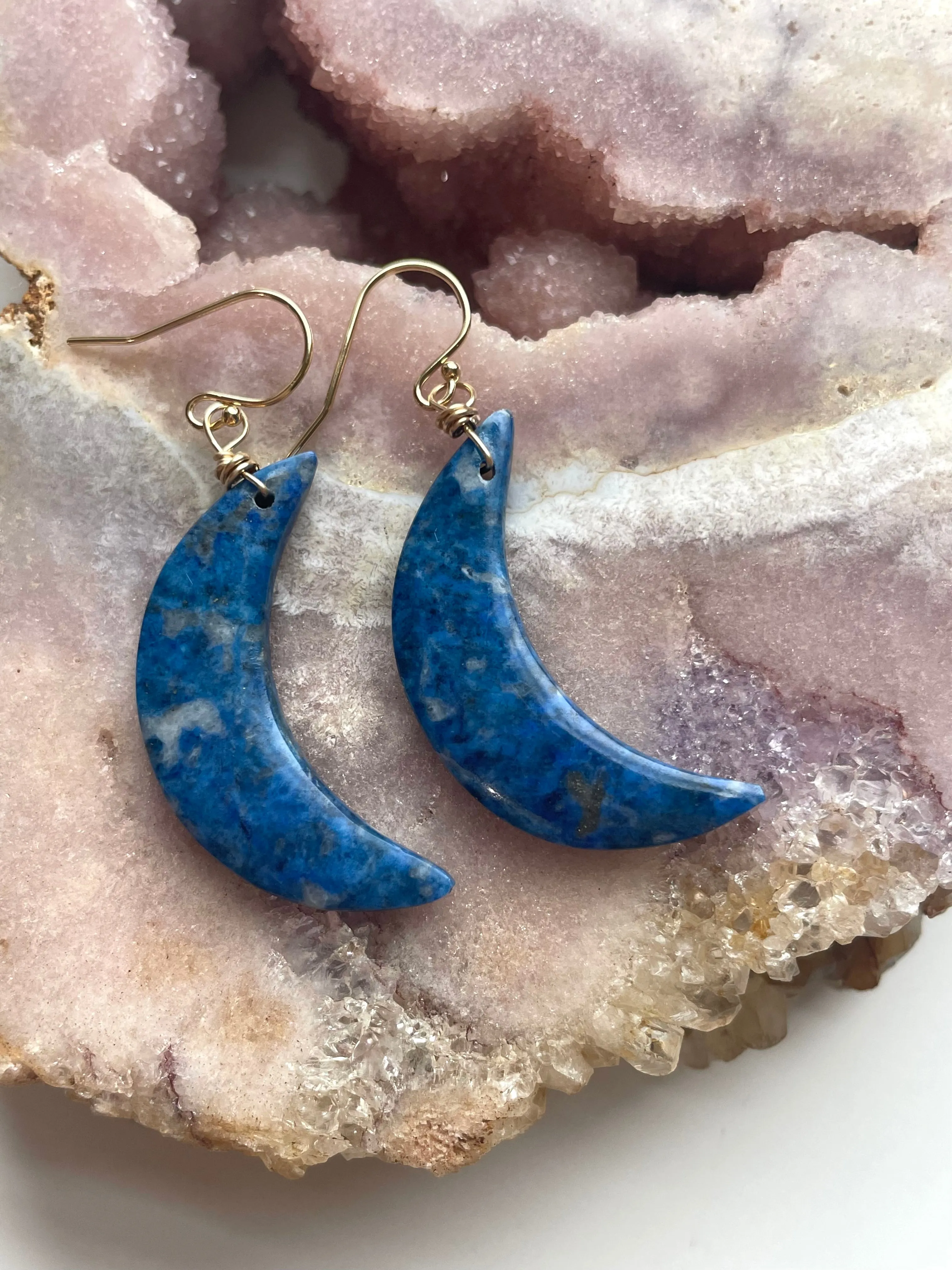Lapis Lazuli Statement Moon Earrings Gold Fill