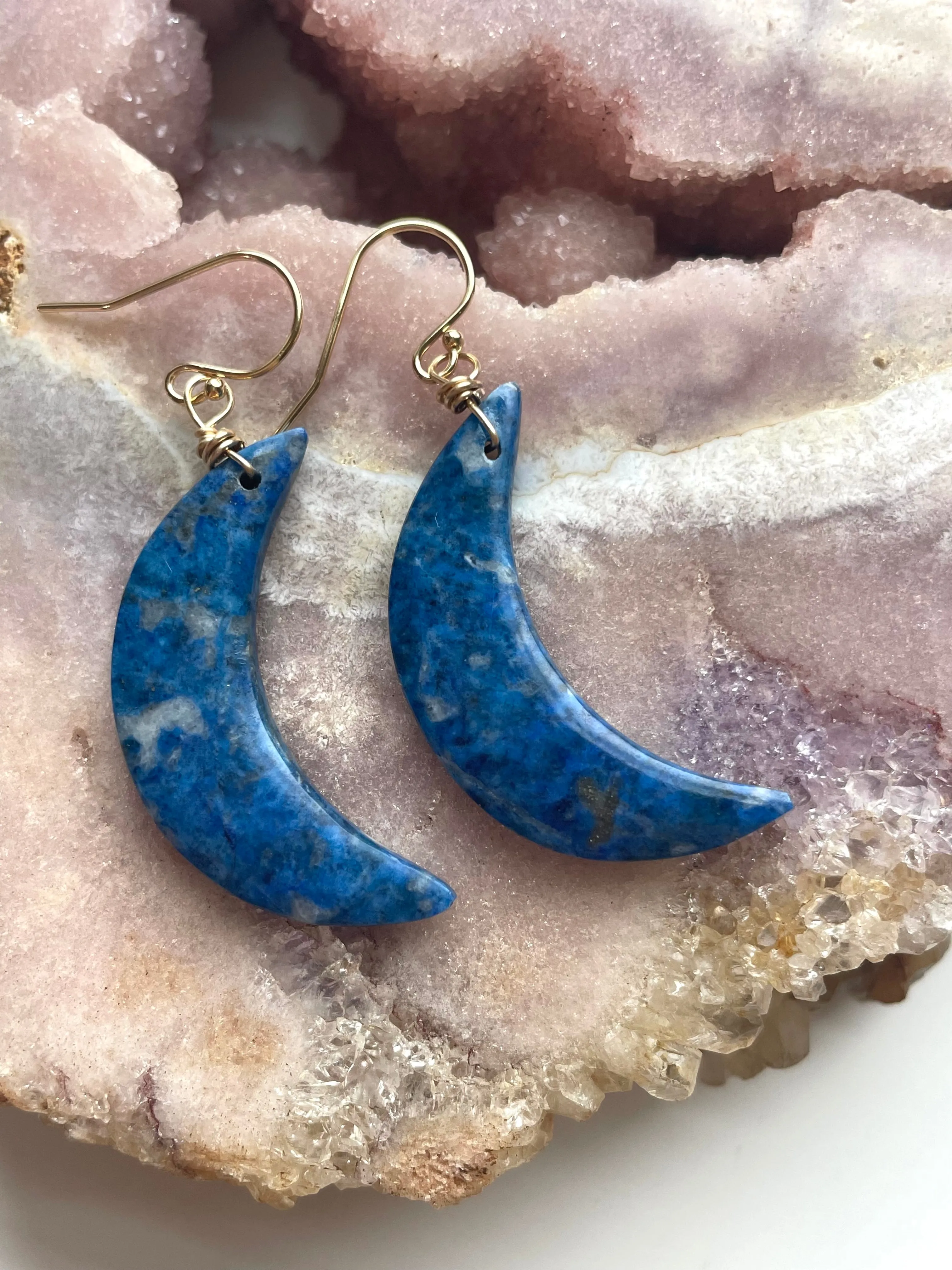 Lapis Lazuli Statement Moon Earrings Gold Fill