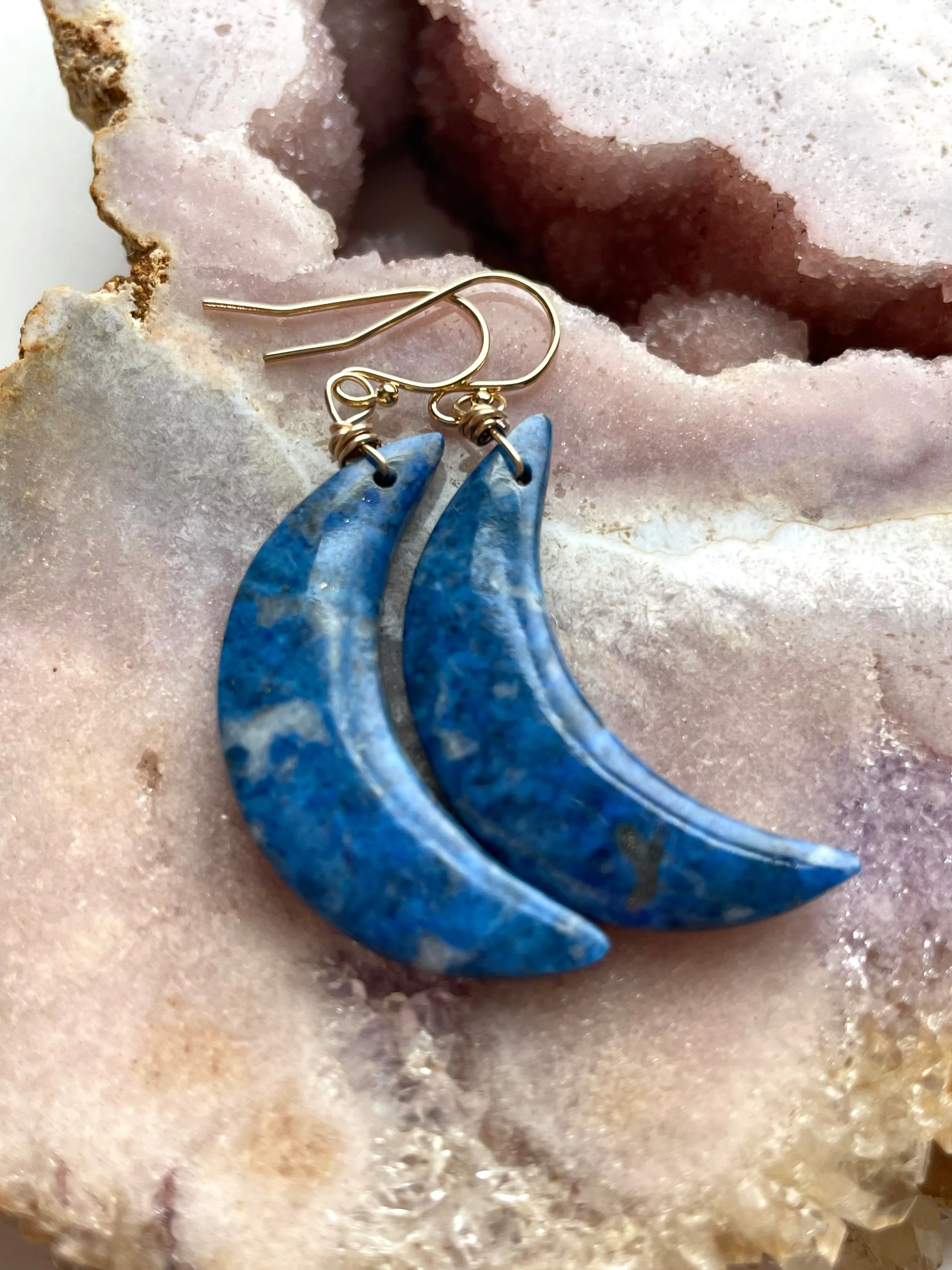 Lapis Lazuli Statement Moon Earrings Gold Fill