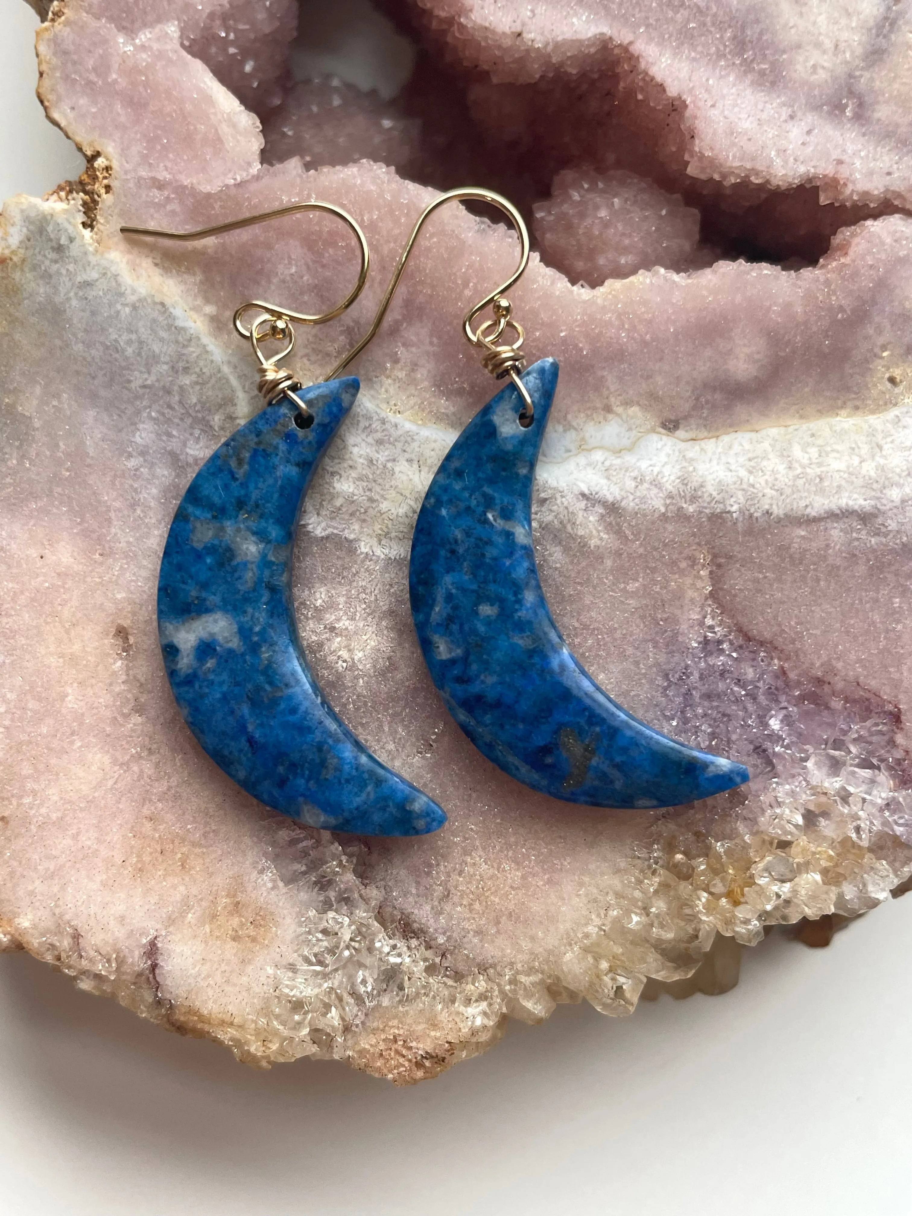 Lapis Lazuli Statement Moon Earrings Gold Fill