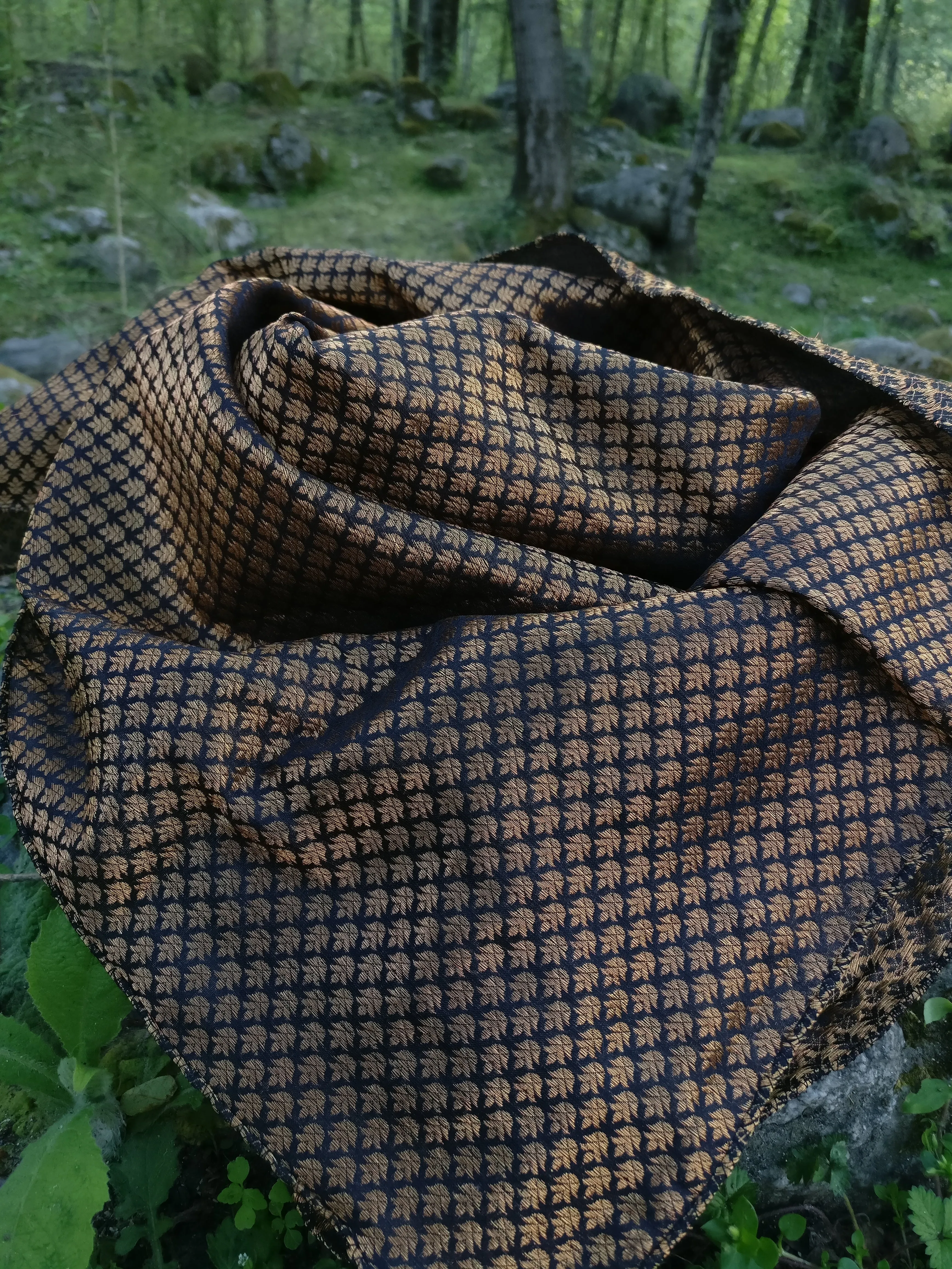 Luxury Brocade Black and Gold Silk Scarf