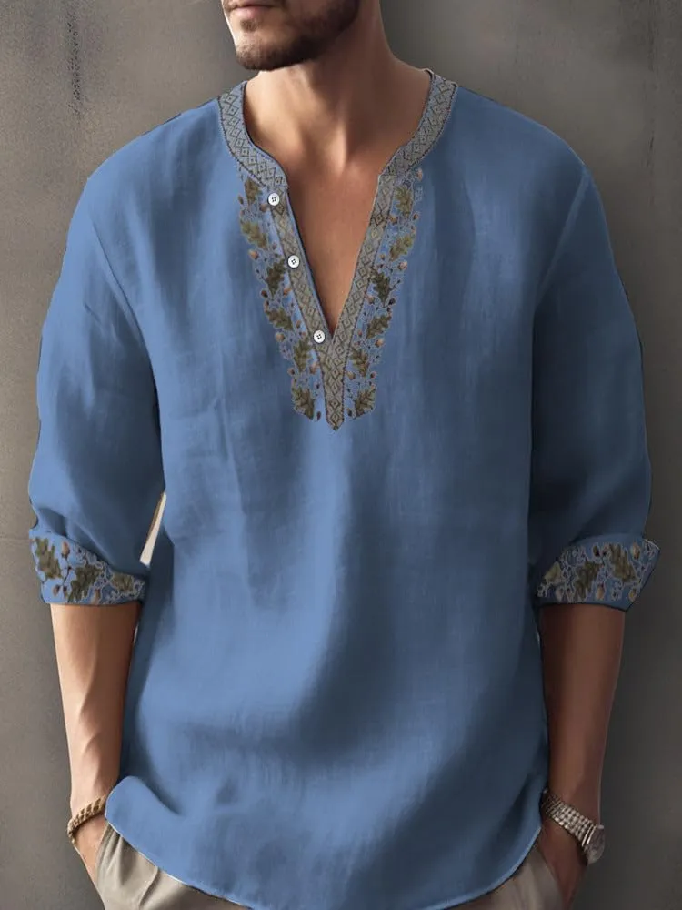 Mens Summer Cotton Linen Shirts 2025 Casual Button Down Long Sleeve Henley Shirts Vintage Beach Vacation T-Shirts