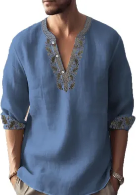 Mens Summer Cotton Linen Shirts 2025 Casual Button Down Long Sleeve Henley Shirts Vintage Beach Vacation T-Shirts