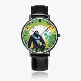 Montre à Quartz avec bracelet en cuir ultra-fin (noir avec indicateurs) "Gorille" (163)
