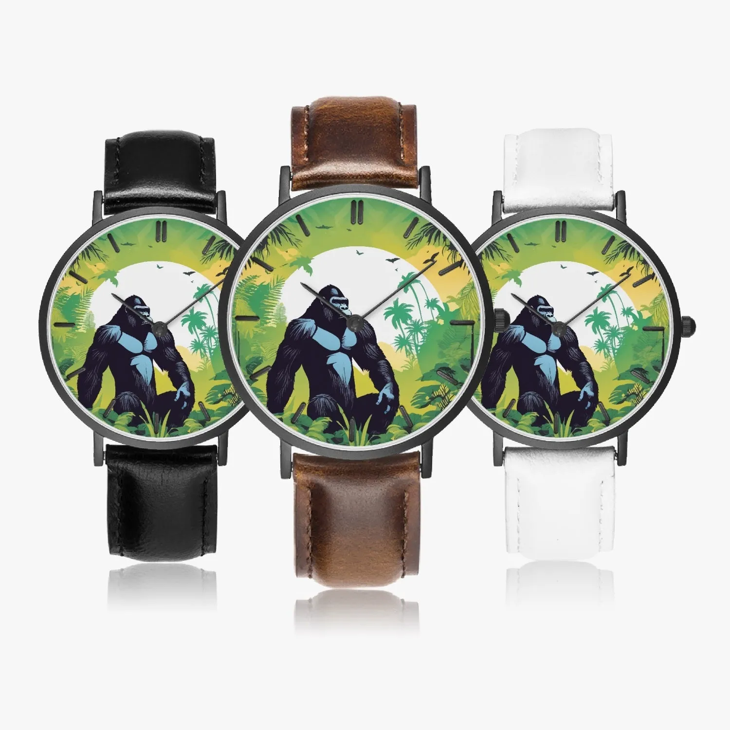 Montre à Quartz avec bracelet en cuir ultra-fin (noir avec indicateurs) "Gorille" (163)