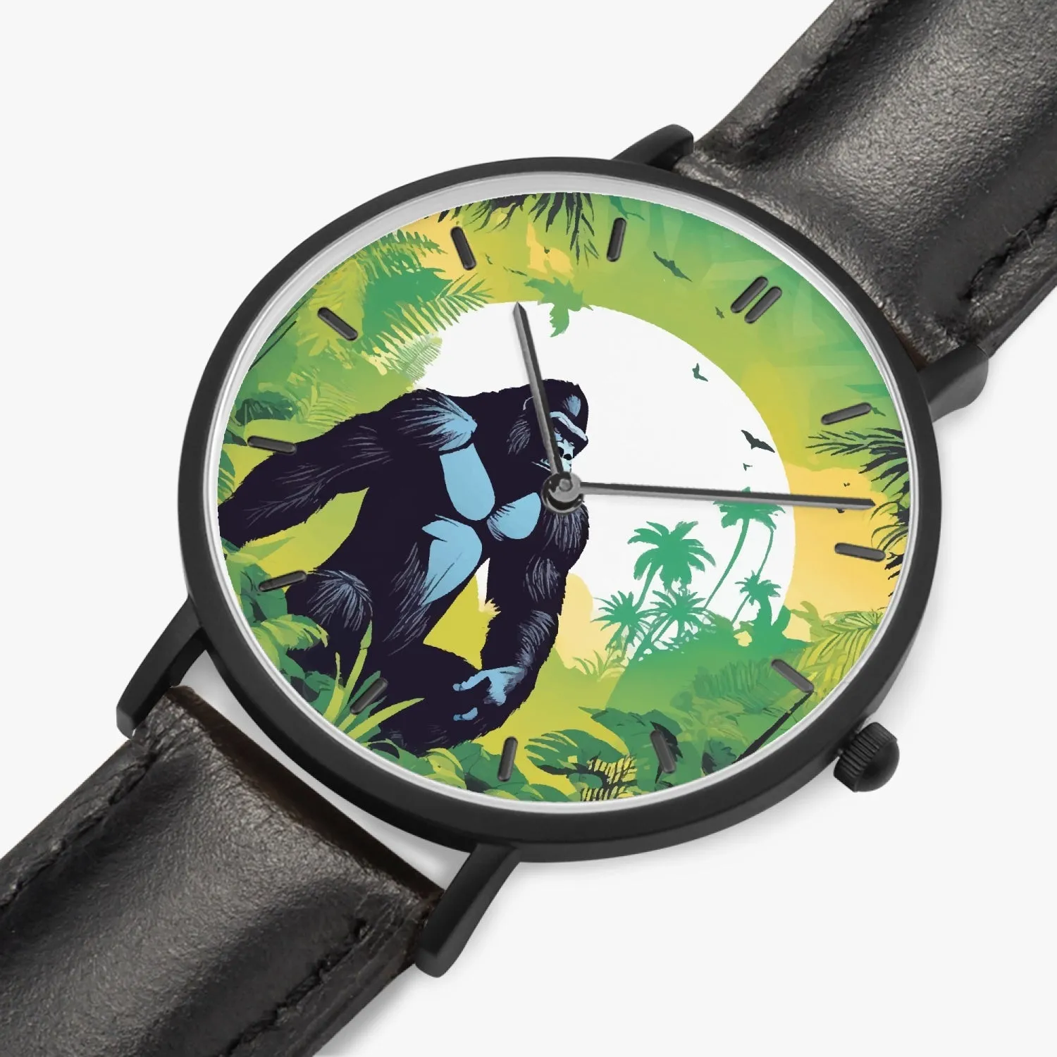 Montre à Quartz avec bracelet en cuir ultra-fin (noir avec indicateurs) "Gorille" (163)
