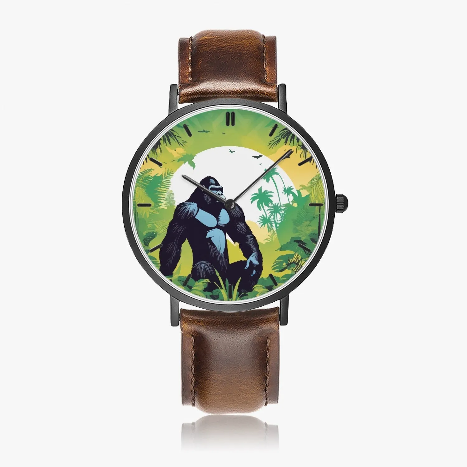 Montre à Quartz avec bracelet en cuir ultra-fin (noir avec indicateurs) "Gorille" (163)