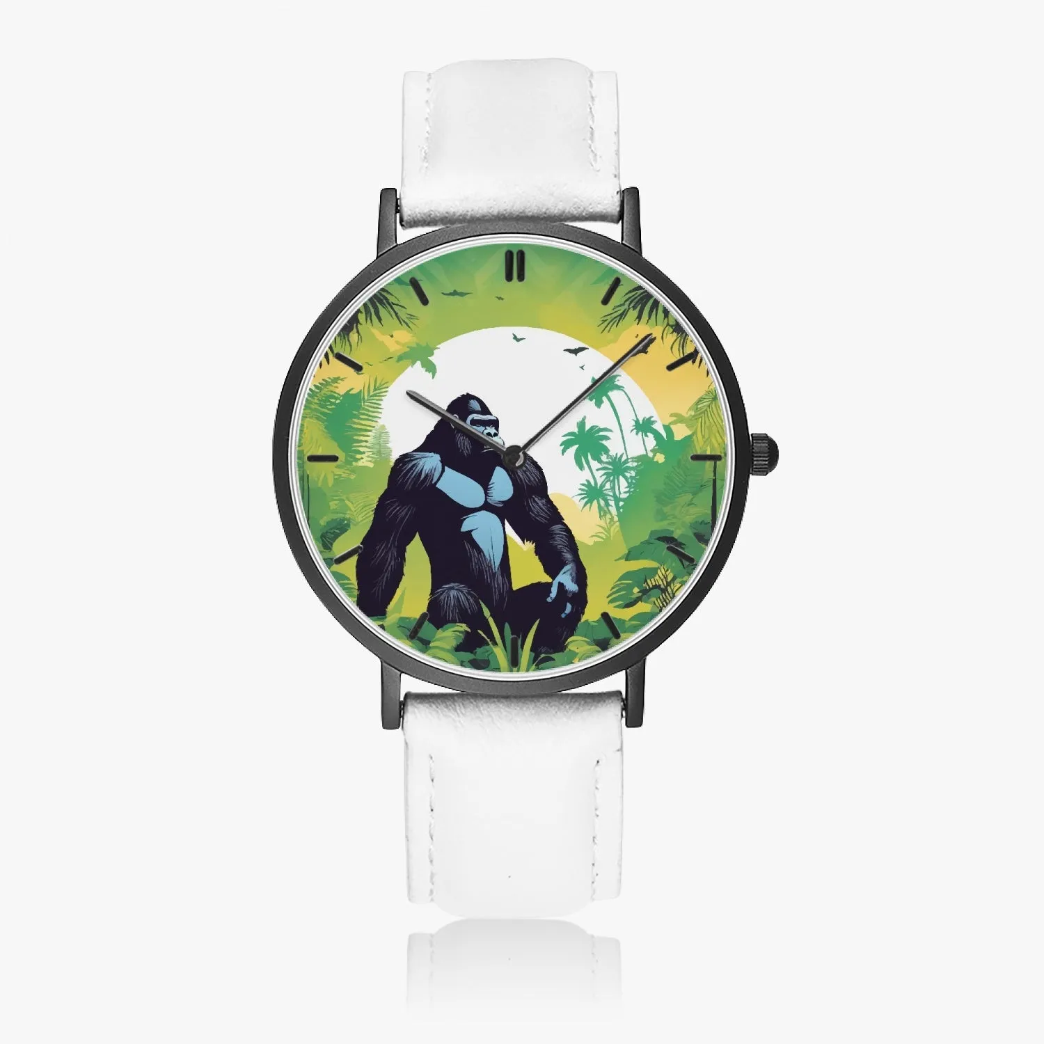 Montre à Quartz avec bracelet en cuir ultra-fin (noir avec indicateurs) "Gorille" (163)