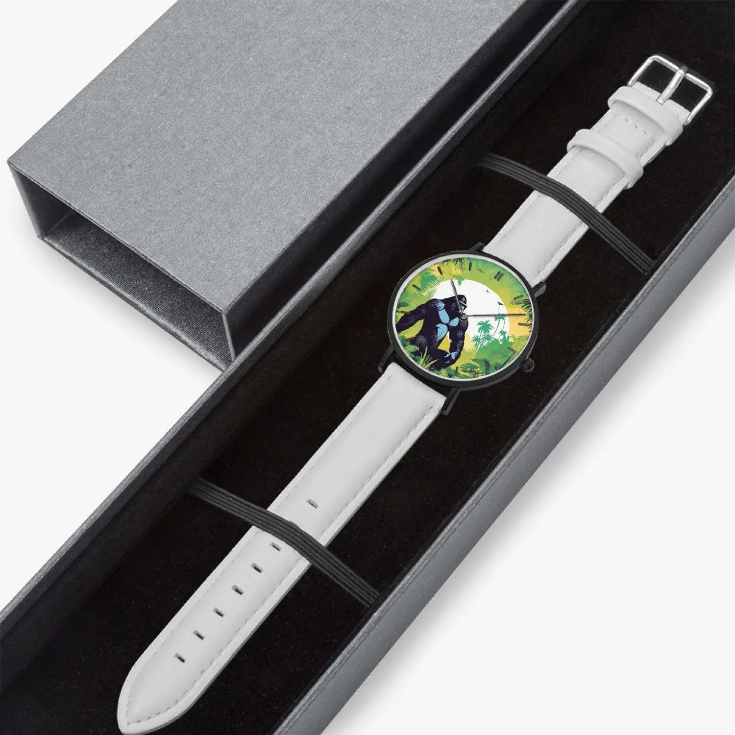 Montre à Quartz avec bracelet en cuir ultra-fin (noir avec indicateurs) "Gorille" (163)