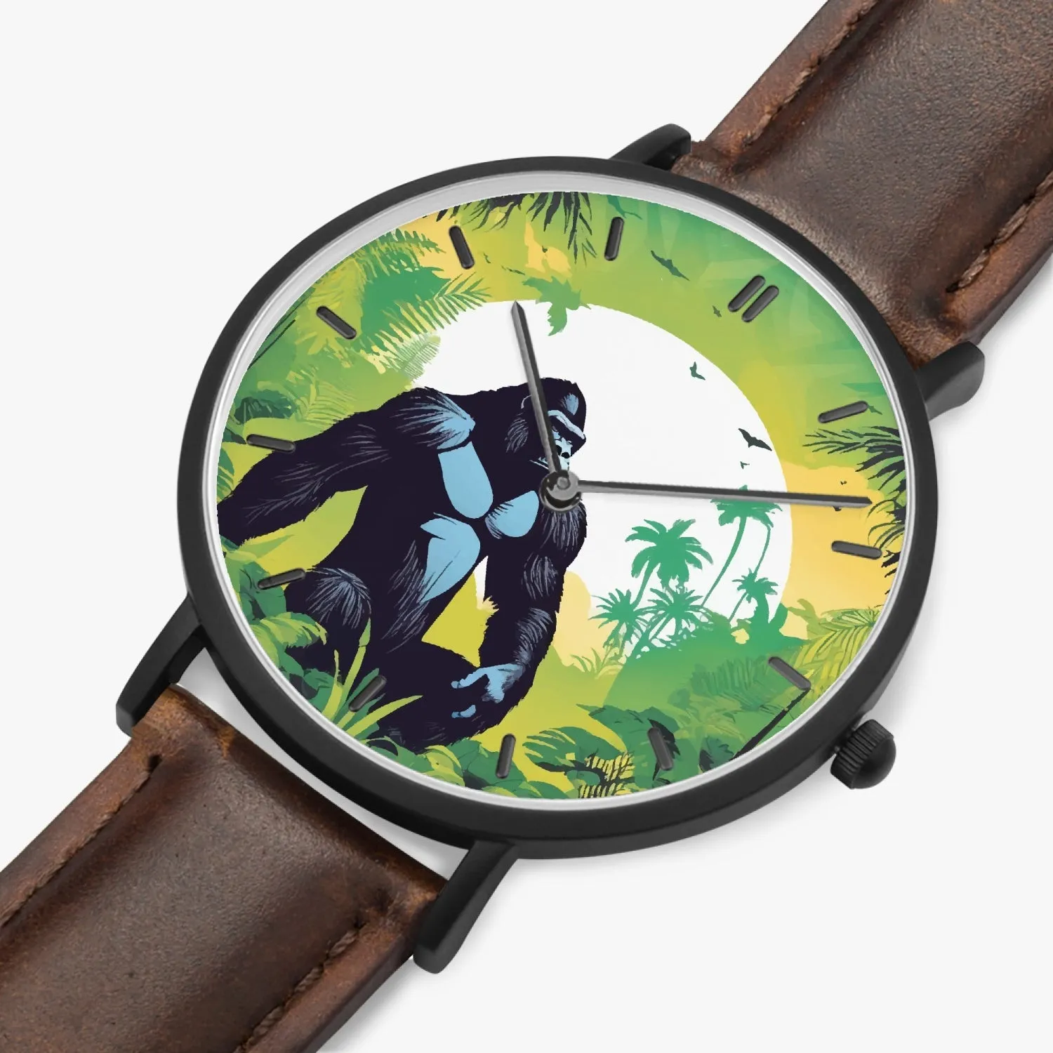 Montre à Quartz avec bracelet en cuir ultra-fin (noir avec indicateurs) "Gorille" (163)