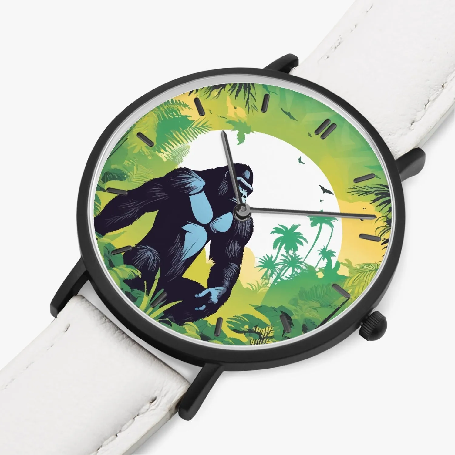 Montre à Quartz avec bracelet en cuir ultra-fin (noir avec indicateurs) "Gorille" (163)