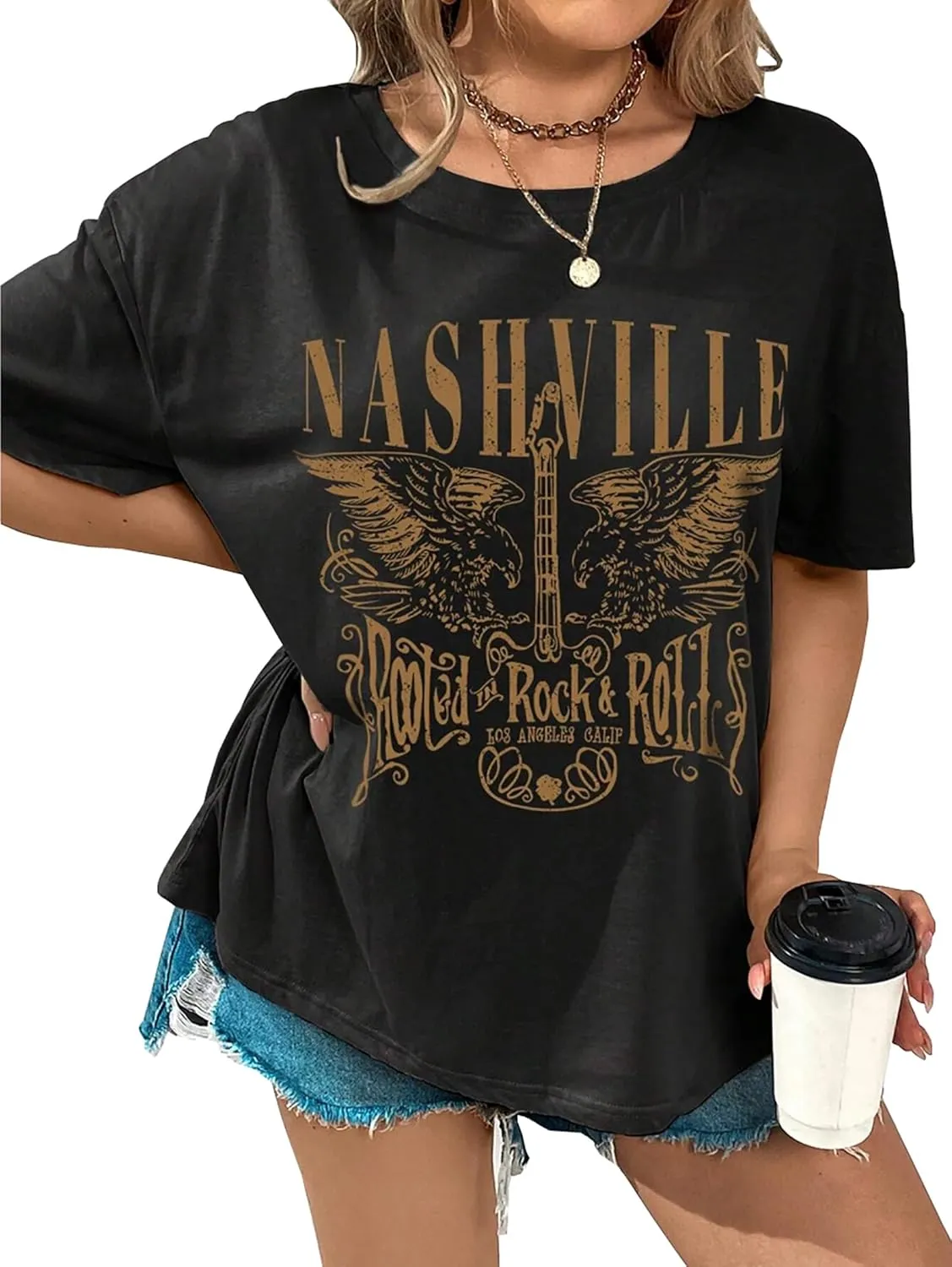 Nashville Music City T-Shirt Women Country Music Oversized Shirts Rock Band Tshirt Vintage Guitar Wings Graphic Tees