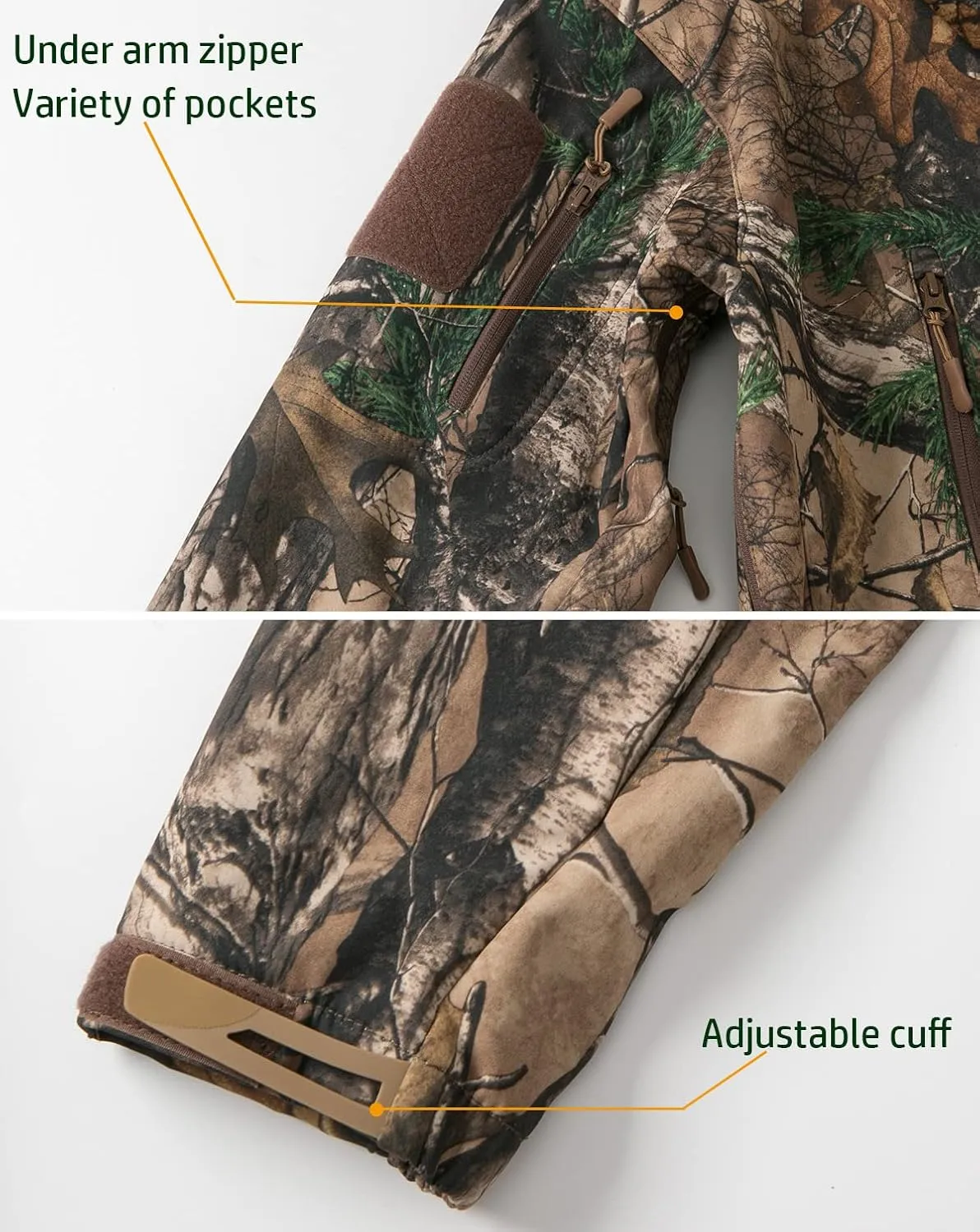 NAVEKULL Silent Hunting Clothes for Men Soft Shell Outdoor Hiking Jacket Camo Water Resistant Fleece Hooded Coat with Pockets