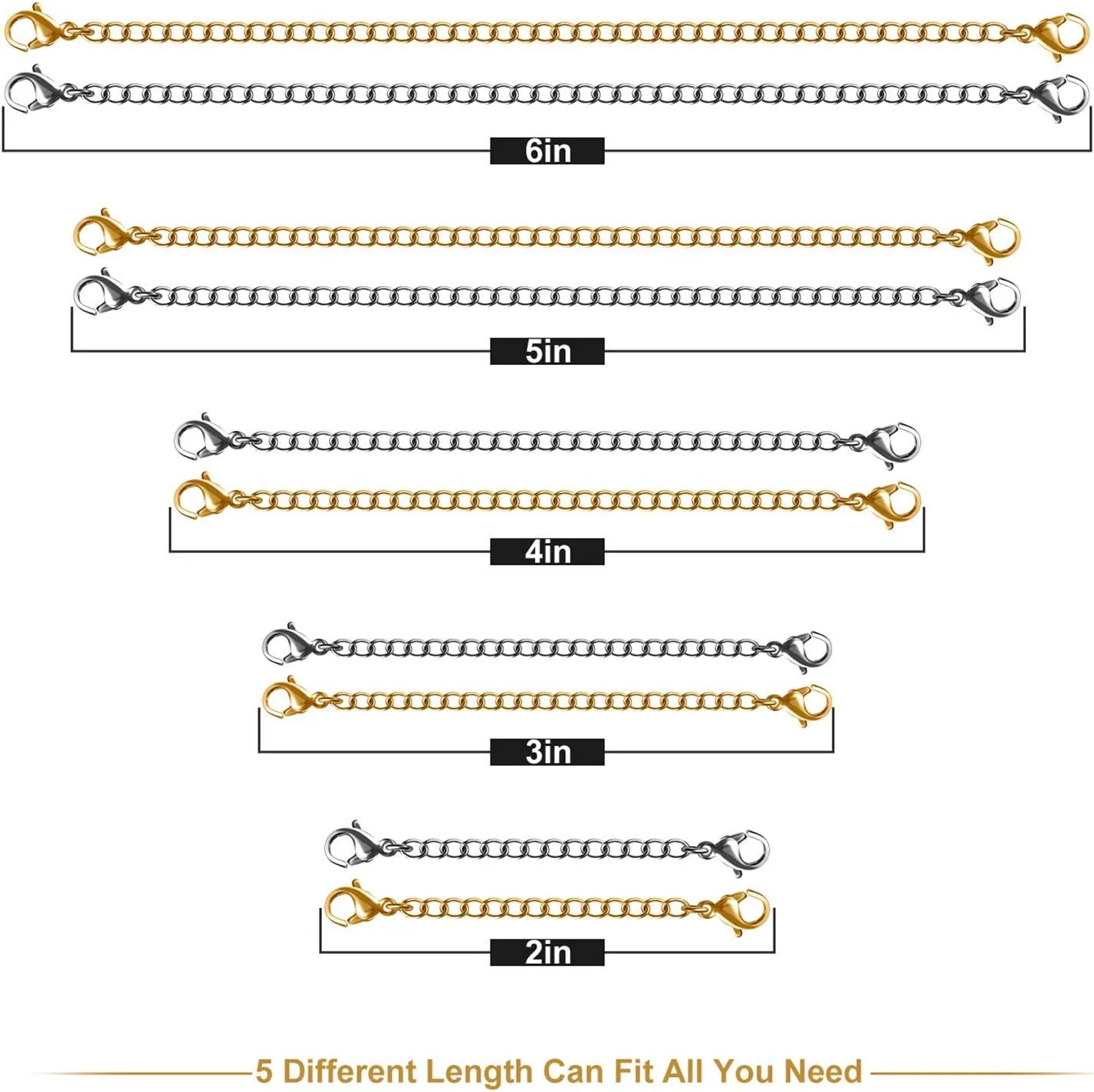 Necklace Extenders, 10Pcs Stainless Steel Gold Silver Necklace Bracelet Anklet Extension Chains with Lobster Clasps and Closures for Jewelry Making