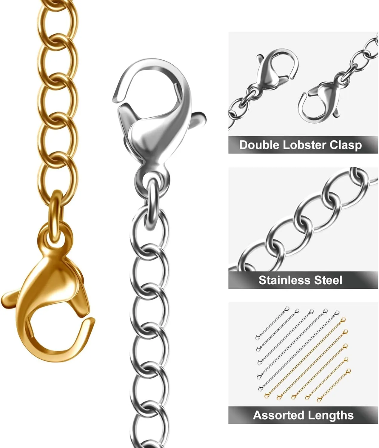 Necklace Extenders, 10Pcs Stainless Steel Gold Silver Necklace Bracelet Anklet Extension Chains with Lobster Clasps and Closures for Jewelry Making