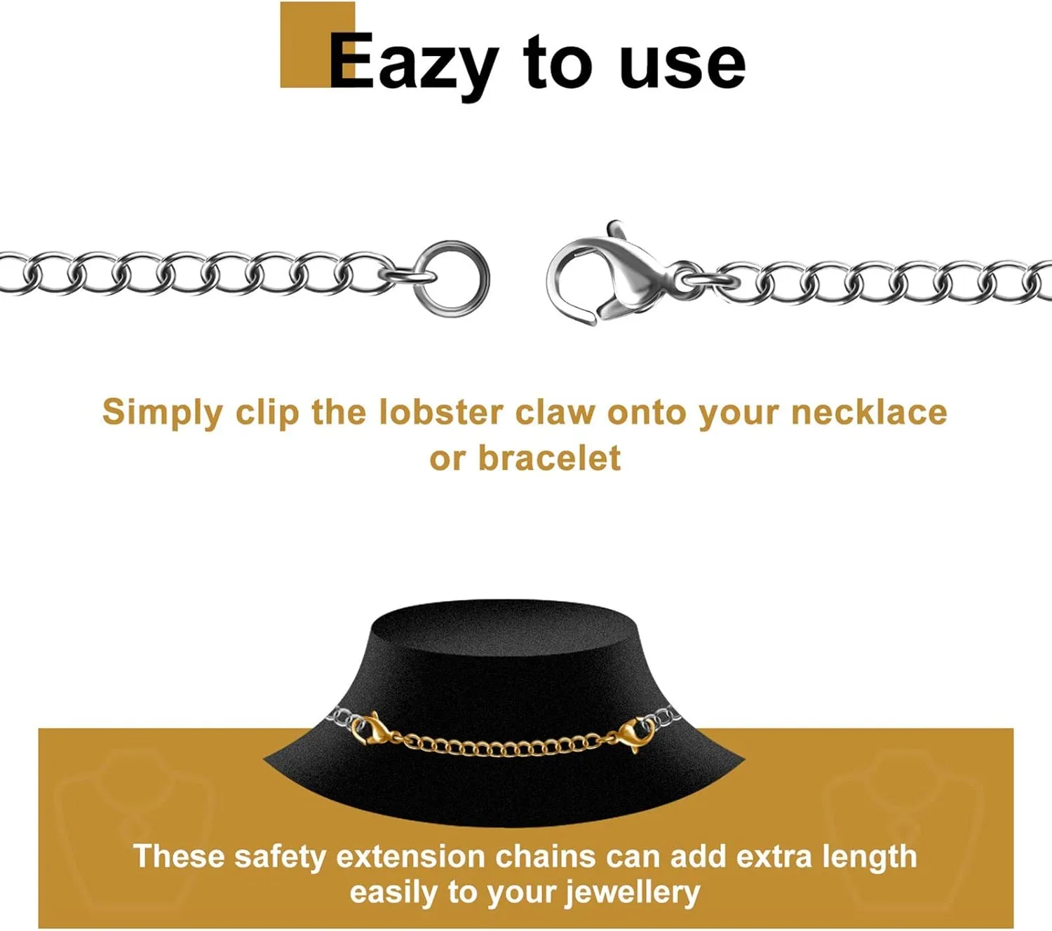 Necklace Extenders, 10Pcs Stainless Steel Gold Silver Necklace Bracelet Anklet Extension Chains with Lobster Clasps and Closures for Jewelry Making