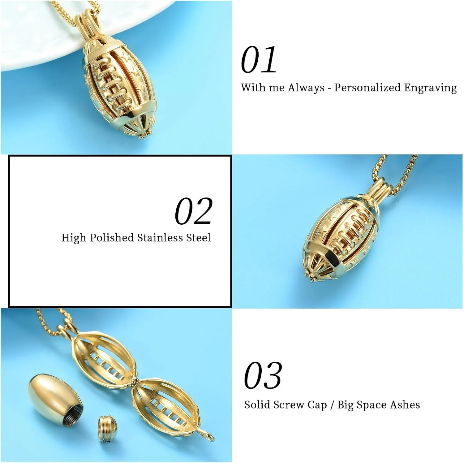 Oinsi American Football Cremation Locket Necklace For Ashes Of Loved Ones Stainless Steel Memorial Urn Jewelry Women Men Keepsake Fashion Necklace