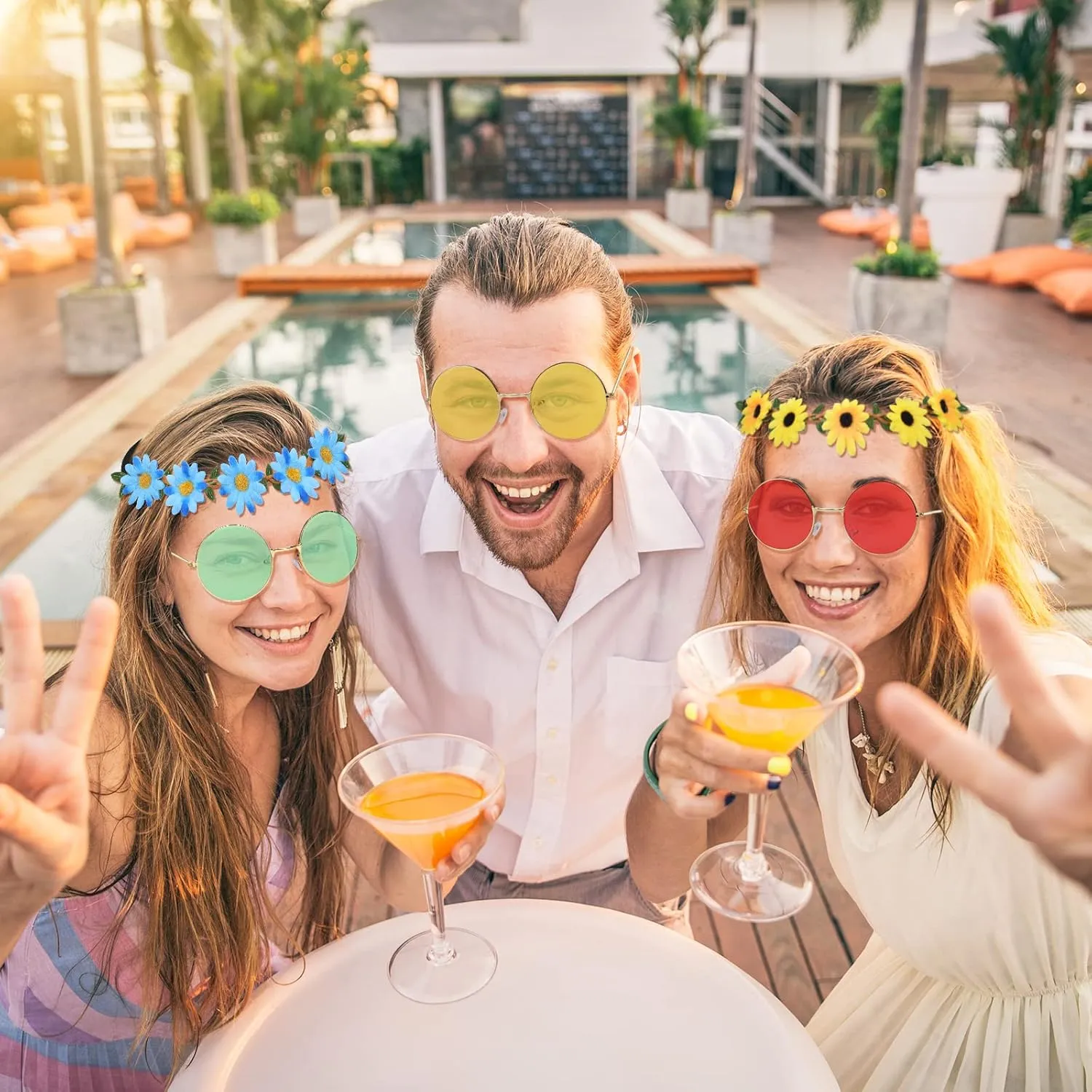 ONESING 8-20 Pairs Round Hippie Sunglasses Circle Sunglasses for Women Glasses Multicoloured Hippie Headband Disco Party