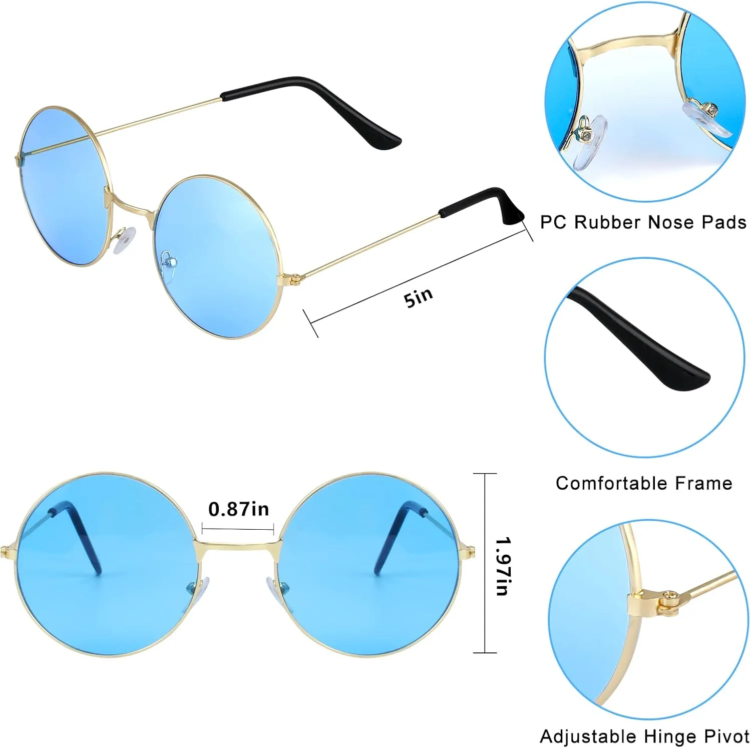 ONESING 8-20 Pairs Round Hippie Sunglasses Circle Sunglasses for Women Glasses Multicoloured Hippie Headband Disco Party