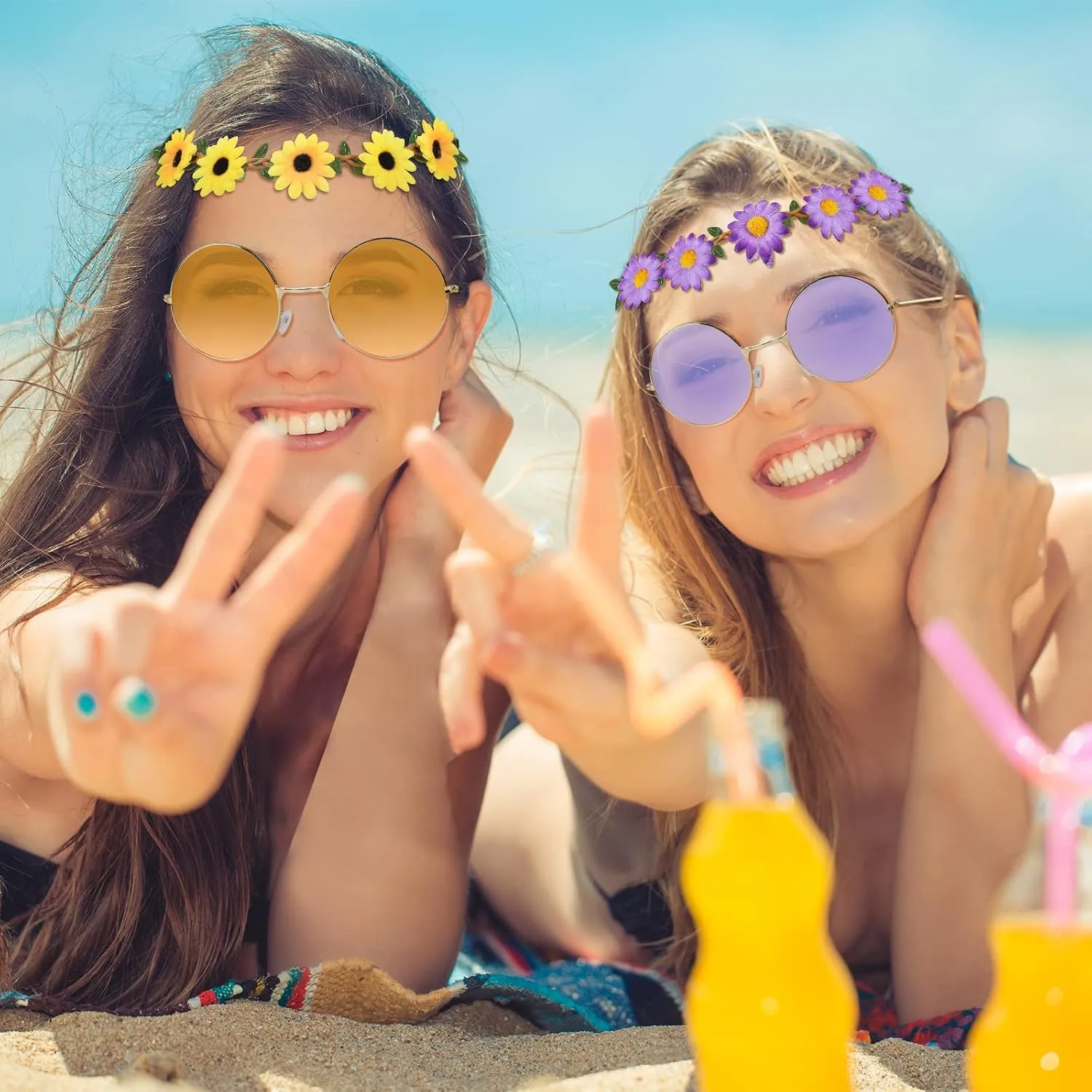 ONESING 8-20 Pairs Round Hippie Sunglasses Circle Sunglasses for Women Glasses Multicoloured Hippie Headband Disco Party
