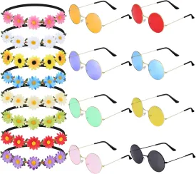 ONESING 8-20 Pairs Round Hippie Sunglasses Circle Sunglasses for Women Glasses Multicoloured Hippie Headband Disco Party