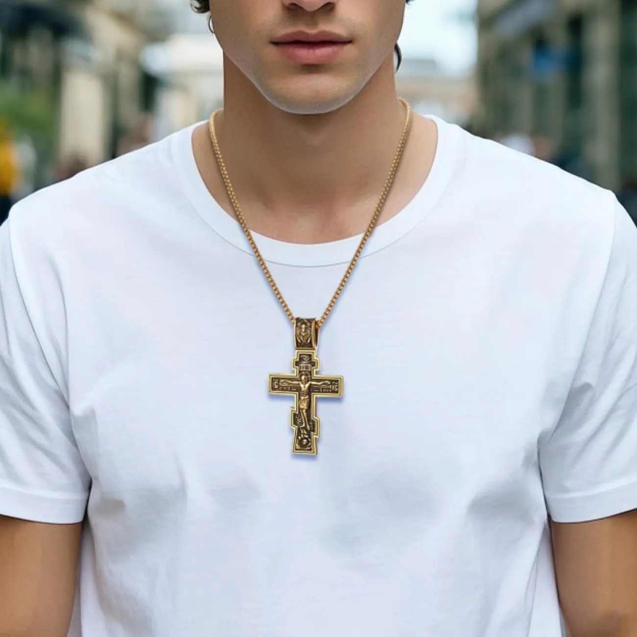 Orthodox Crucifix Cross Necklace for Men: Stainless Steel Religious Jesus Crucifix Byzantine Cross Christian Amulet Pendant Jewelry Gifts for Women