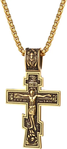 Orthodox Crucifix Cross Necklace for Men: Stainless Steel Religious Jesus Crucifix Byzantine Cross Christian Amulet Pendant Jewelry Gifts for Women