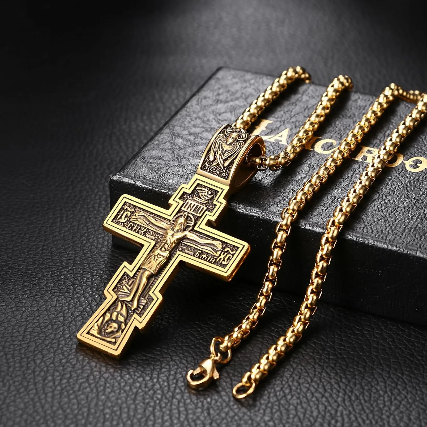 Orthodox Crucifix Cross Necklace for Men: Stainless Steel Religious Jesus Crucifix Byzantine Cross Christian Amulet Pendant Jewelry Gifts for Women
