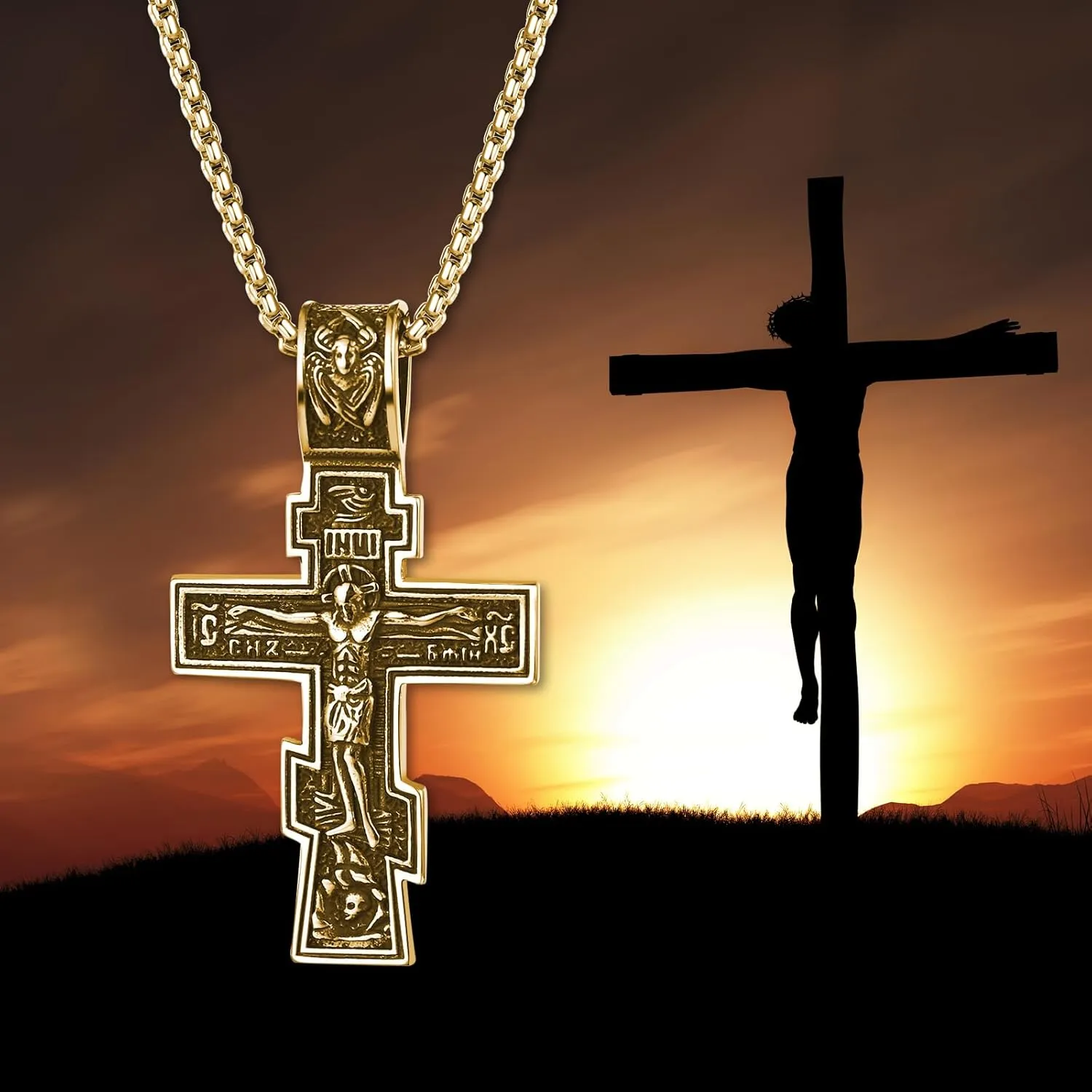 Orthodox Crucifix Cross Necklace for Men: Stainless Steel Religious Jesus Crucifix Byzantine Cross Christian Amulet Pendant Jewelry Gifts for Women