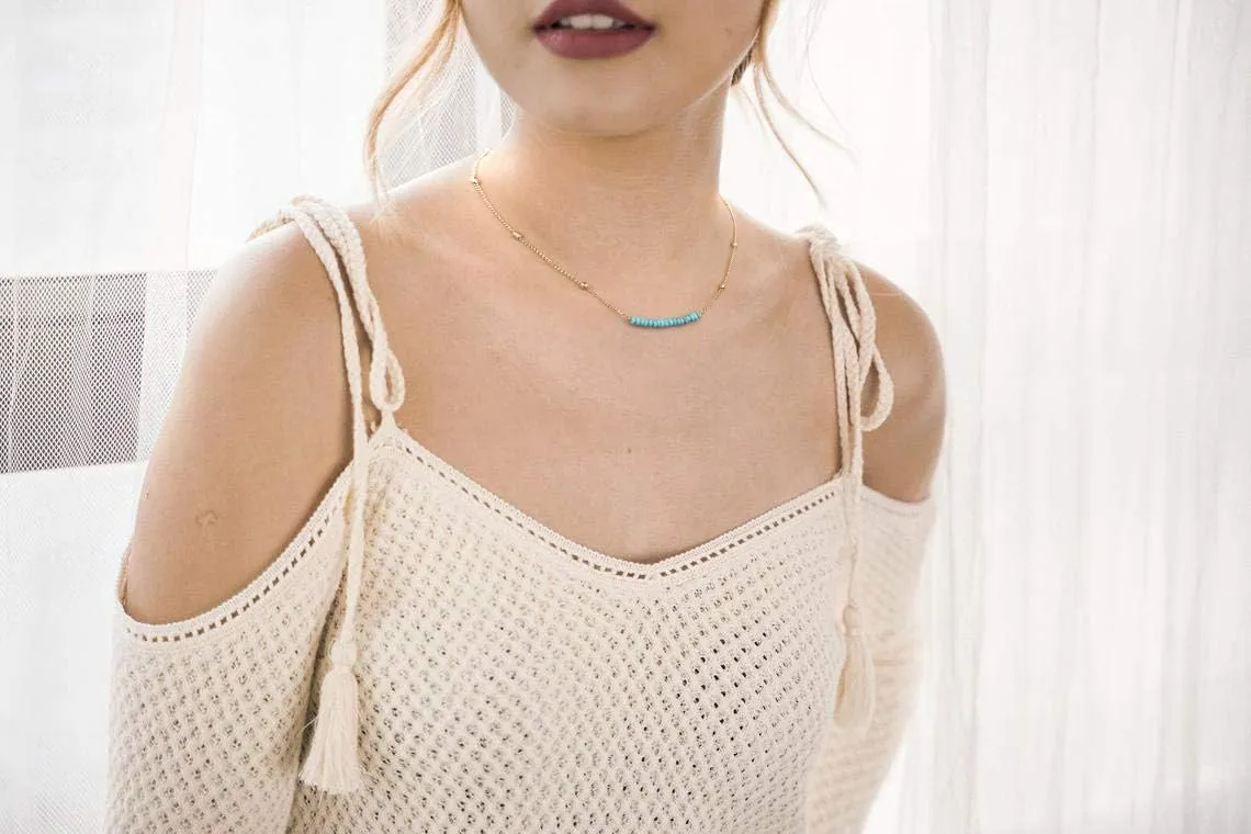 PERNNLA PEARL 18K Gold Satellite Beaded Curb Ball Chain Choker Turquoise Garnet Beads Bar Necklace Handmade Pendant Jewelry Adjustable for Women 16  2
