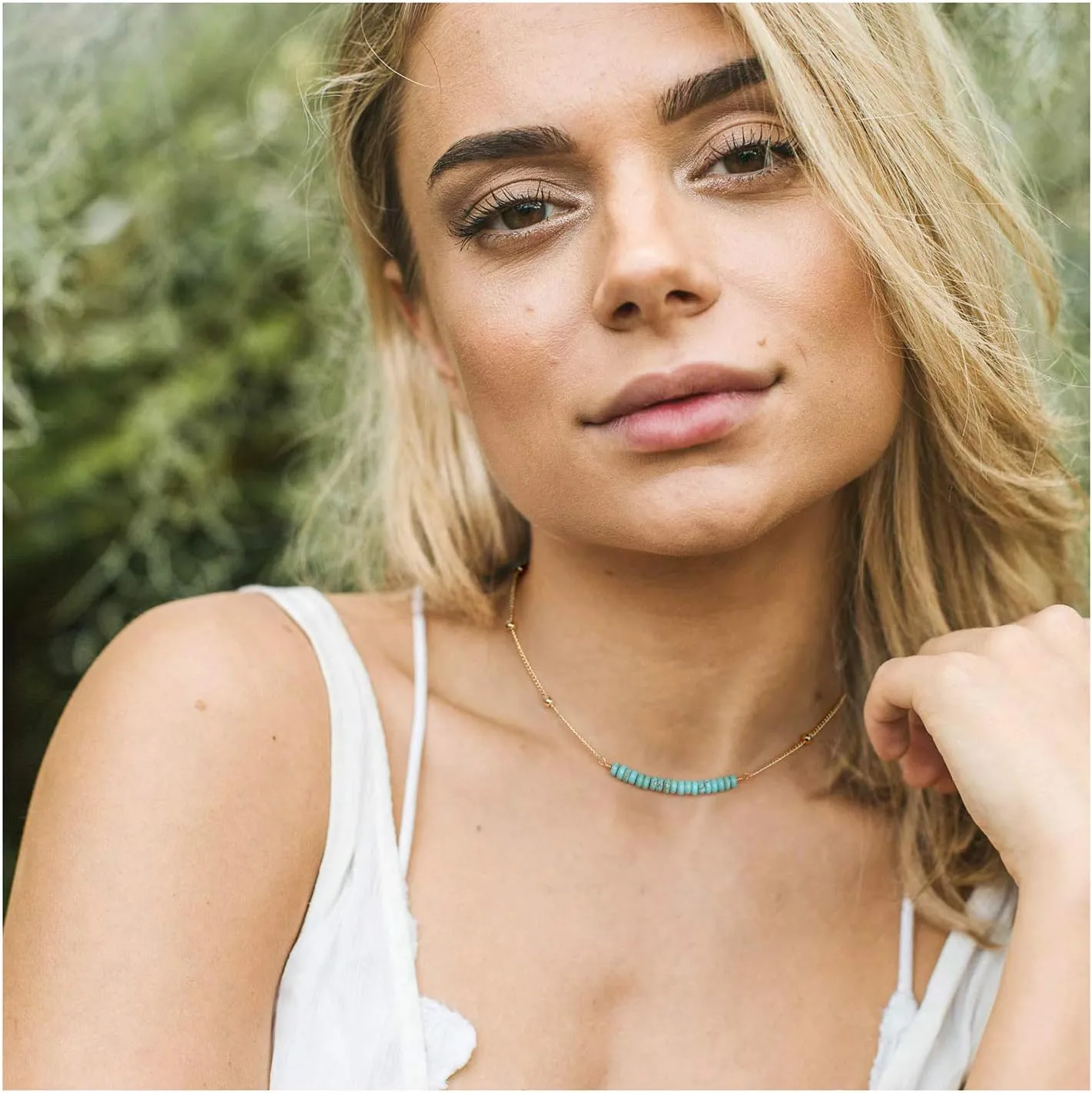 PERNNLA PEARL 18K Gold Satellite Beaded Curb Ball Chain Choker Turquoise Garnet Beads Bar Necklace Handmade Pendant Jewelry Adjustable for Women 16  2