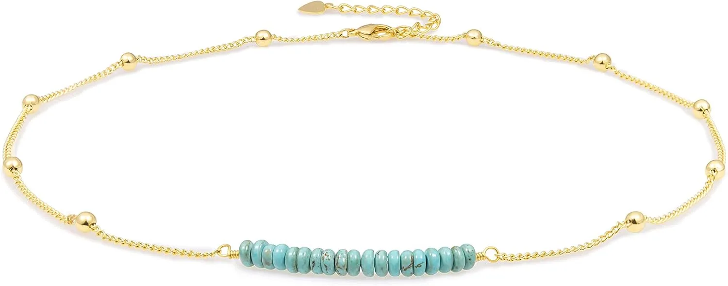 PERNNLA PEARL 18K Gold Satellite Beaded Curb Ball Chain Choker Turquoise Garnet Beads Bar Necklace Handmade Pendant Jewelry Adjustable for Women 16  2