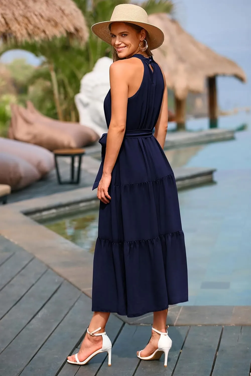 PRETTYGARDEN Women's Summer Floral Maxi Sun Dress Sleeveless Halter Neck Flowy Ruffle Hem Long Boho Dresses with Belt