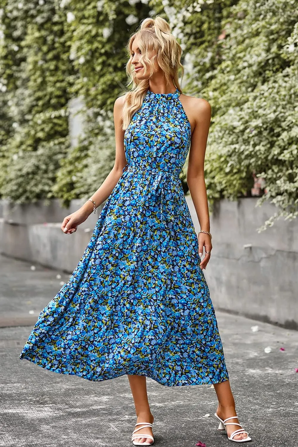 PRETTYGARDEN Women's Summer Floral Maxi Sun Dress Sleeveless Halter Neck Flowy Ruffle Hem Long Boho Dresses with Belt