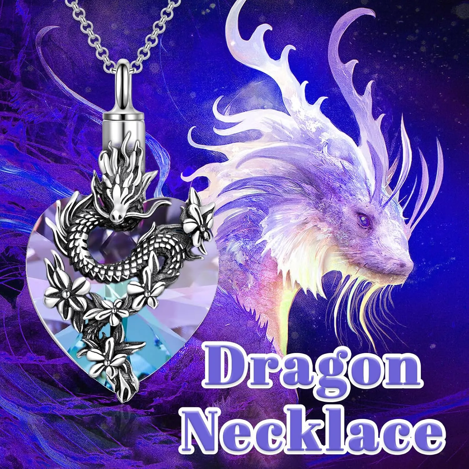 PROESS Dragon Necklace 925 Sterling Silver Heart Crystal Abalone Pendant Dragon Crystal Urn Necklace Jewelry Gifts for Women Men for Birthday Christmas