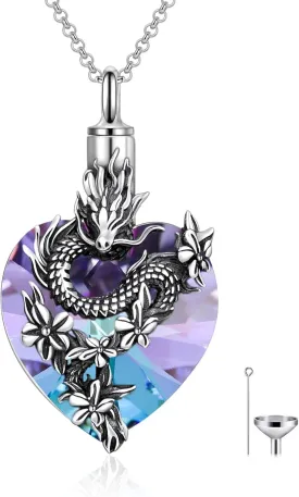 PROESS Dragon Necklace 925 Sterling Silver Heart Crystal Abalone Pendant Dragon Crystal Urn Necklace Jewelry Gifts for Women Men for Birthday Christmas