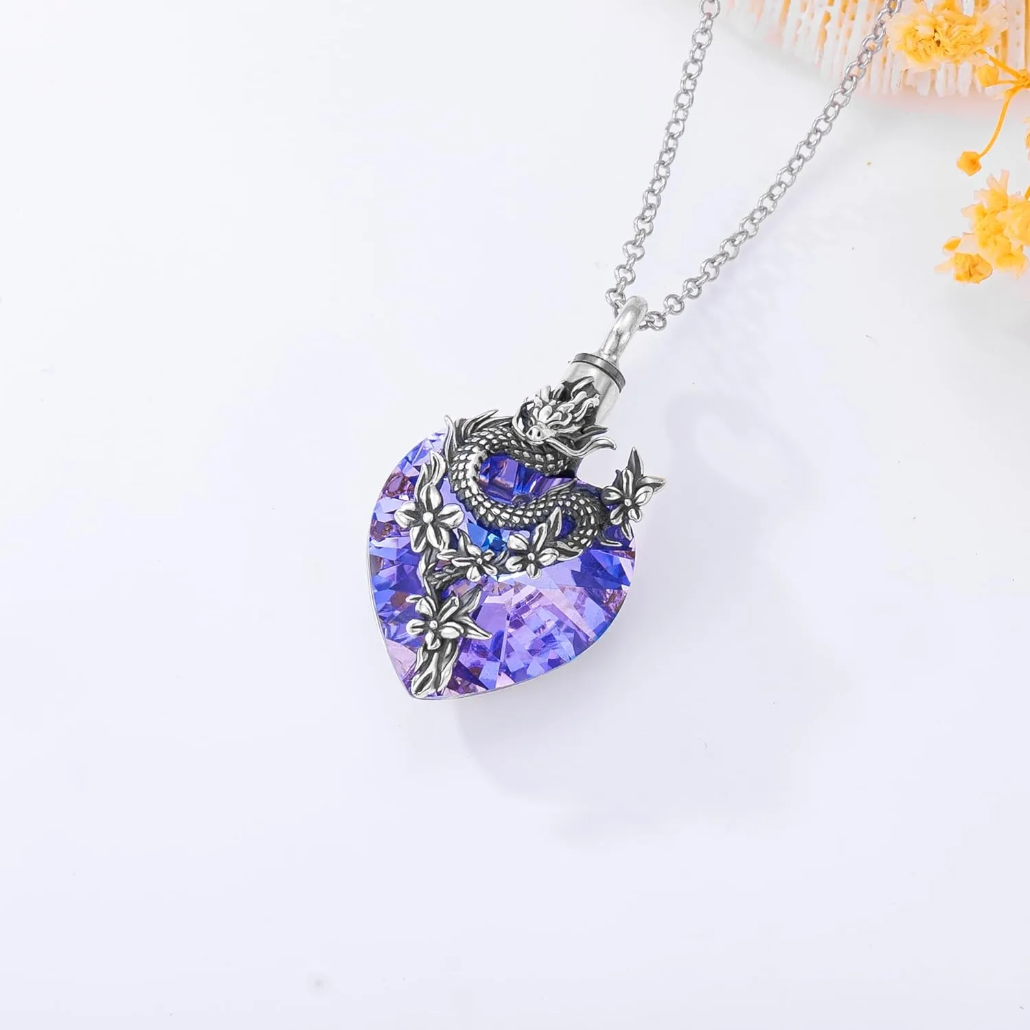 PROESS Dragon Necklace 925 Sterling Silver Heart Crystal Abalone Pendant Dragon Crystal Urn Necklace Jewelry Gifts for Women Men for Birthday Christmas
