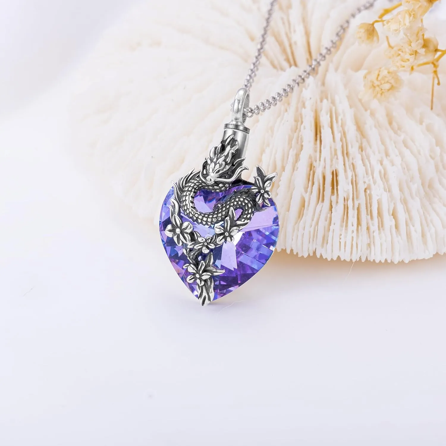 PROESS Dragon Necklace 925 Sterling Silver Heart Crystal Abalone Pendant Dragon Crystal Urn Necklace Jewelry Gifts for Women Men for Birthday Christmas