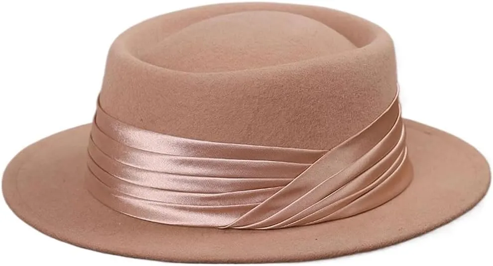 PTEXTU Flat Brim Wool Bowler Hat Women's Fall and Winter Retro Tweed Felt Hat Elegant Small Brim Jazz Hat