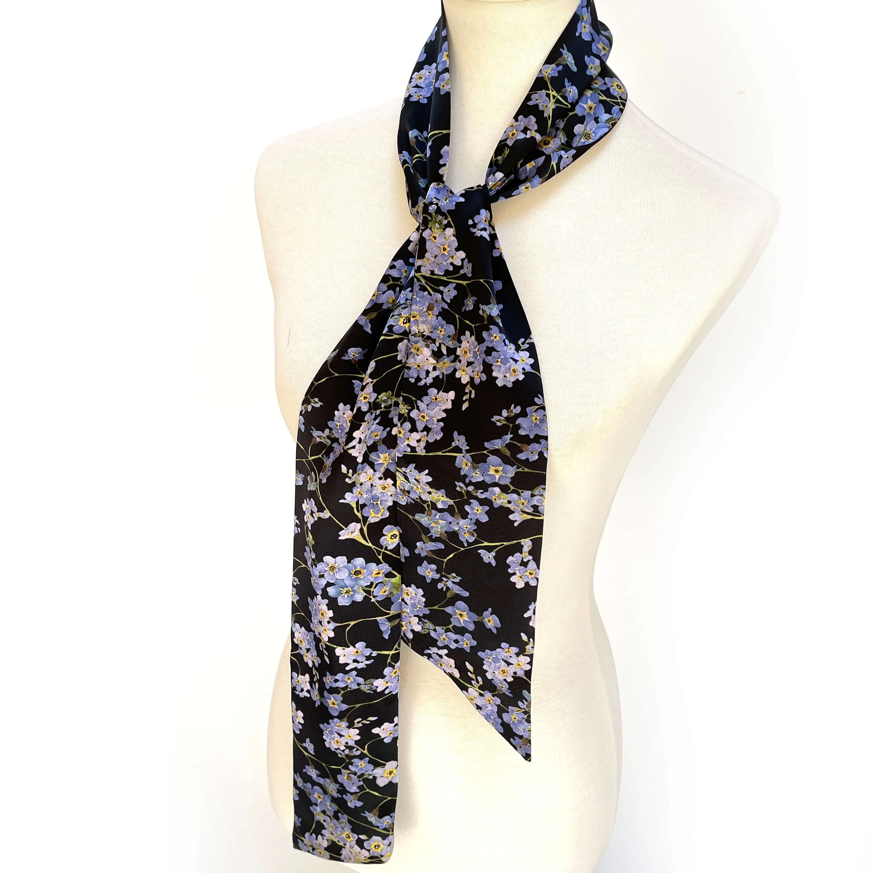 Pure Silk Scarf Forget-Me-Nots on Black, Womans Scarf, Hair Scarf, Neck Scarf, Headband, Designer Scarf, 100% Pure Silk