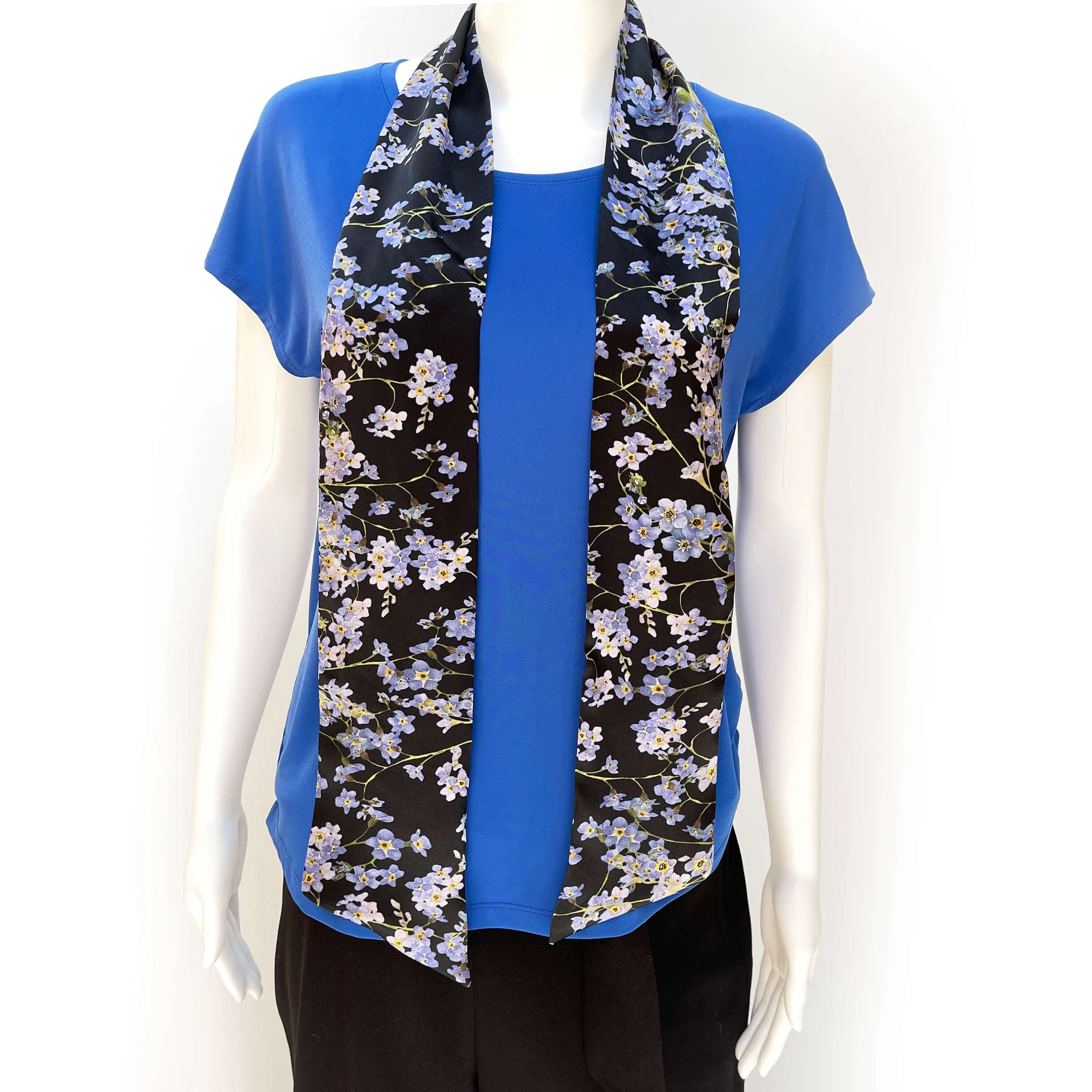 Pure Silk Scarf Forget-Me-Nots on Black, Womans Scarf, Hair Scarf, Neck Scarf, Headband, Designer Scarf, 100% Pure Silk