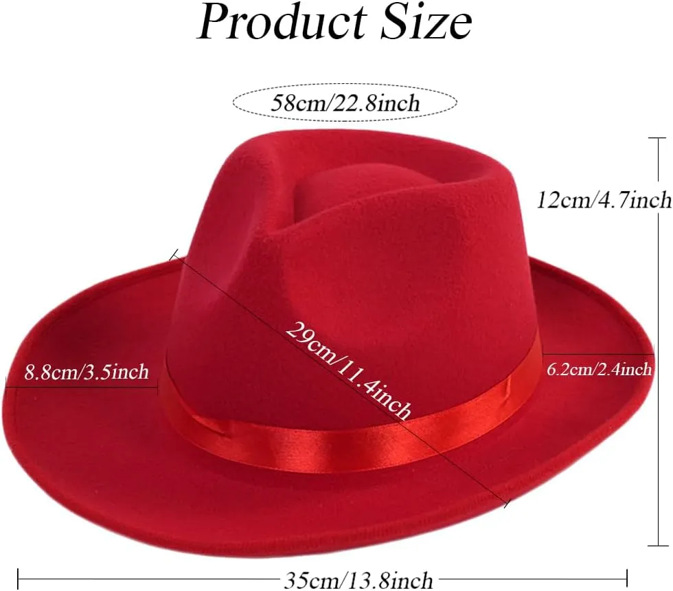 Red Wide Brim Felt Fedora Hat with Satin Ribbon Dress Panama Hat Rancher Hat for Women Men