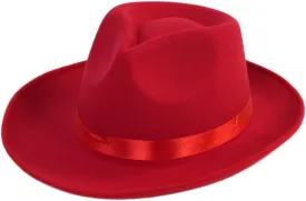 Red Wide Brim Felt Fedora Hat with Satin Ribbon Dress Panama Hat Rancher Hat for Women Men